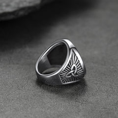 Anel de sinete de ônix preto com runas vikings masculino