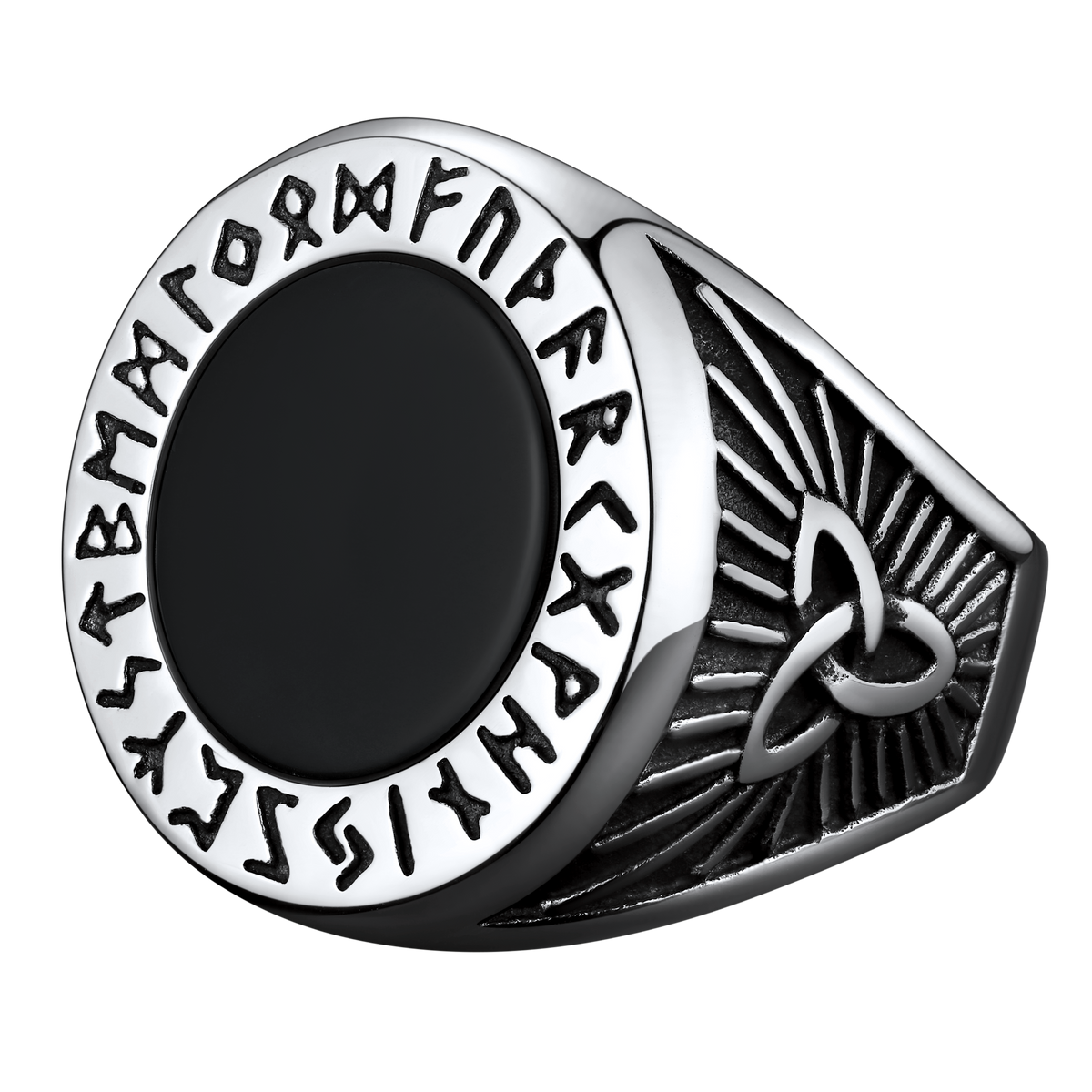 Anel de sinete de ônix preto com runas vikings masculino