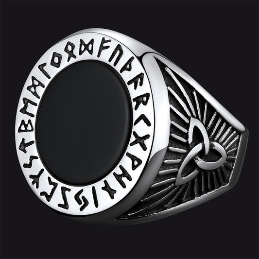 Anel de sinete de ônix preto com runas vikings masculino