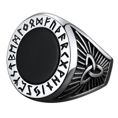 Anel de sinete de ônix preto com runas vikings masculino