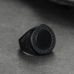 Anel de sinete de ônix preto com runas vikings masculino