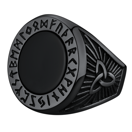 Anel de sinete de ônix preto com runas vikings masculino
