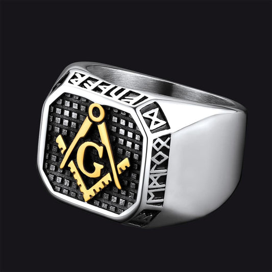 Square Masonic Signet Ring Runes Men