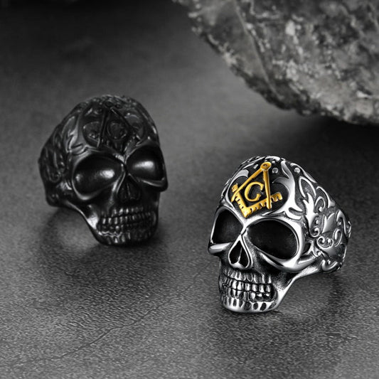 Anel masculino de aço inoxidável com caveira maçônica gótica