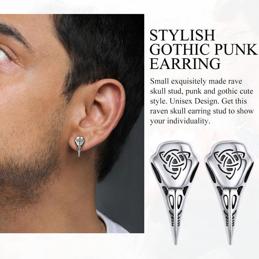 Sterling Silver Viking Raven Skull Earrings Studs With Celtic Knot For Men