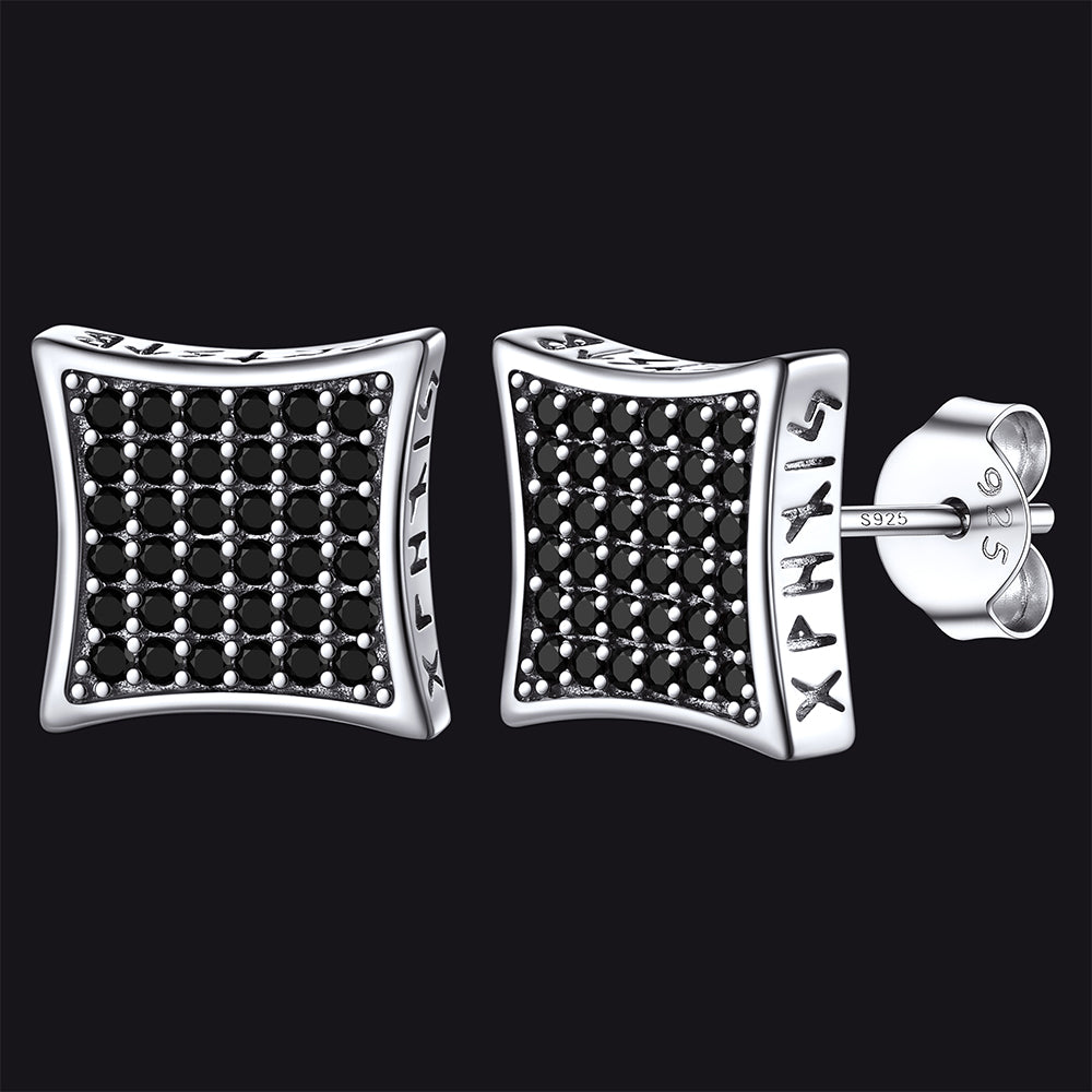 Men's Square Cubic Zirconia Stud Earrings with Viking Runes
