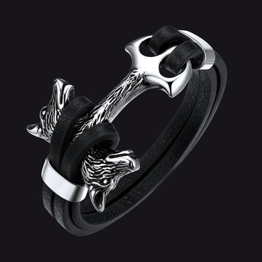 Wikinger-Lederarmband mit Doppelwolfskopf
