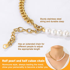 Choker-Halskette mit einer halben 8-mm-weißen Perle und einer halben 7-mm-kubanischen Gliederkette