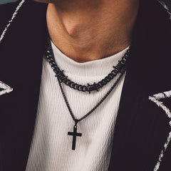Barbed Wire Cuban Chain & Cross Layered Necklaces Set for Men Women