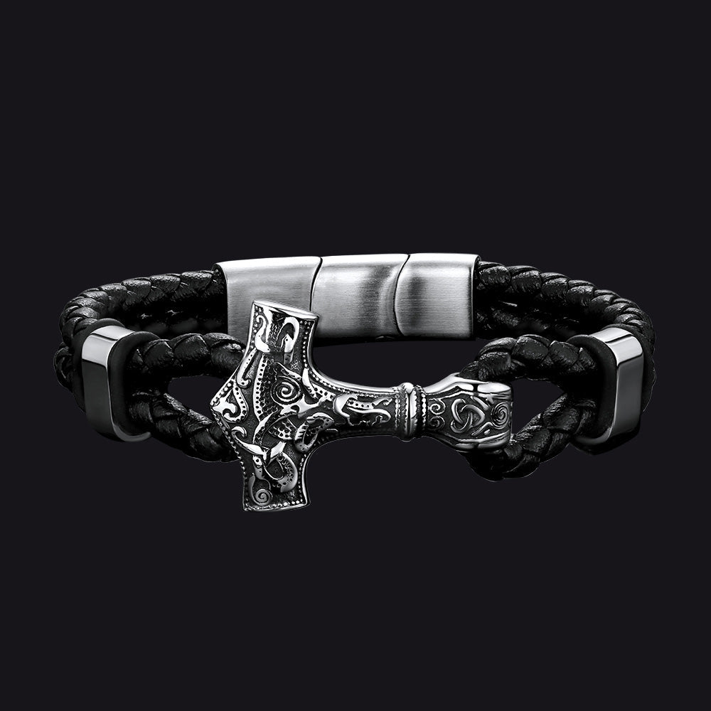 Pulseira de couro trançado Viking Thors Hammer Mjolnir para presente