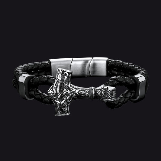 Pulseira de couro trançado Viking Thors Hammer Mjolnir para presente