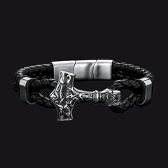 Pulseira de couro trançado Viking Thors Hammer Mjolnir para presente