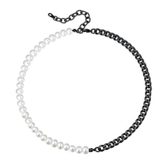 Choker-Halskette mit einer halben 8-mm-weißen Perle und einer halben 7-mm-kubanischen Gliederkette