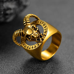 Satanic Goat Skull Ring Viking Runes Men