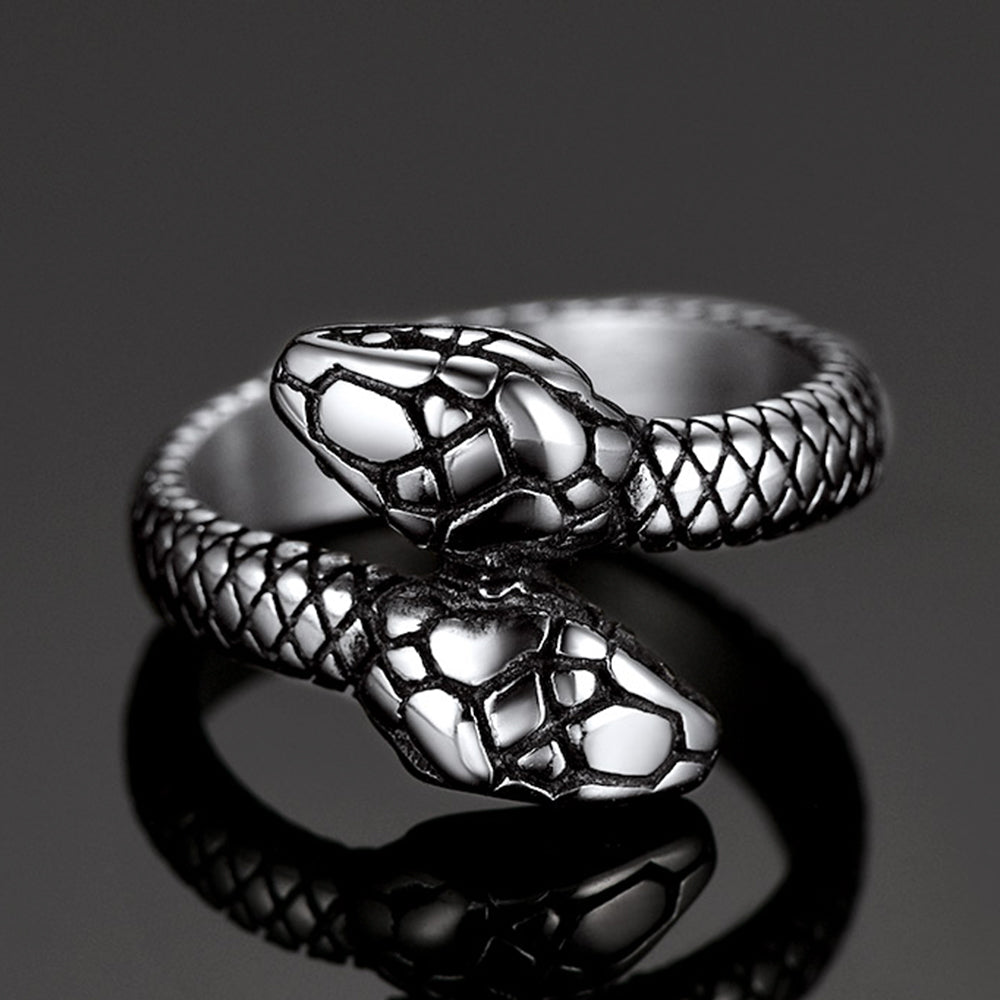 Biker Doppelkopf Schlange Edelstahl Ring Herren