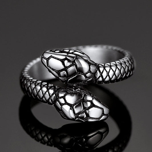 Biker Doppelkopf Schlange Edelstahl Ring Herren