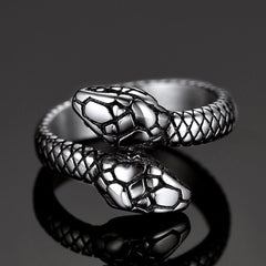Biker Doppelkopf Schlange Edelstahl Ring Herren