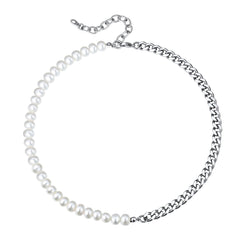 Choker-Halskette mit einer halben 8-mm-weißen Perle und einer halben 7-mm-kubanischen Gliederkette