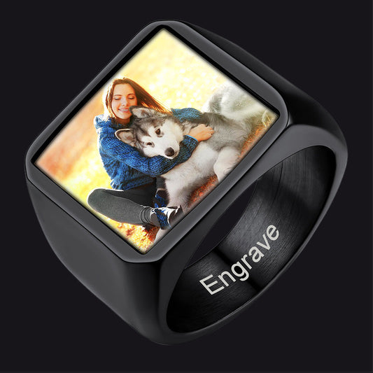 Anel de sinete com imagem quadrada personalizada para homens e mulheres