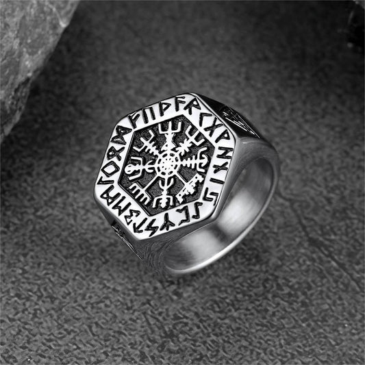 Anel Viking Hexágono Bússola Runas Masculino
