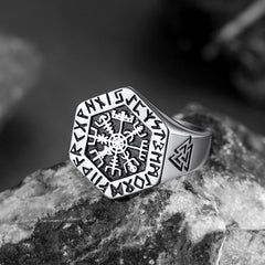 Anel Viking Hexágono Bússola Runas Masculino