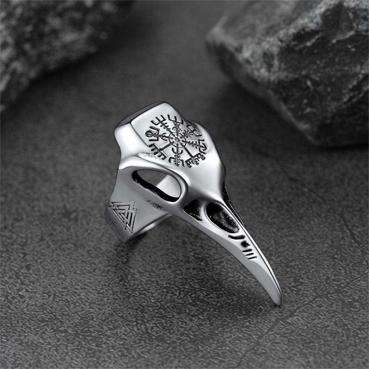 Anel de Caveira de Corvo Viking Bússola Masculino