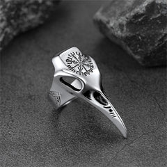 Anel de Caveira de Corvo Viking Bússola Masculino