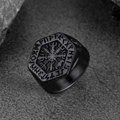 Anel Viking Hexágono Bússola Runas Masculino