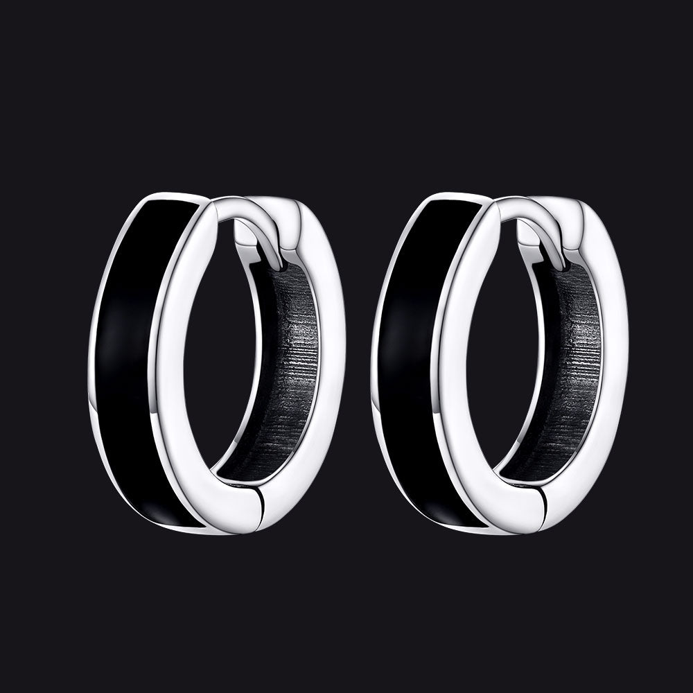 Brincos de argola Huggie pretos de prata esterlina para homens e mulheres 10 mm