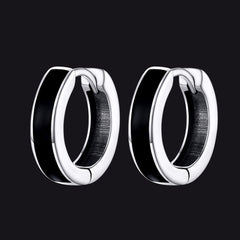 Brincos de argola Huggie pretos de prata esterlina para homens e mulheres 10 mm