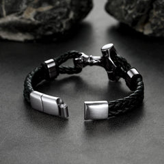 Pulseira de couro trançado Viking Thors Hammer Mjolnir para presente