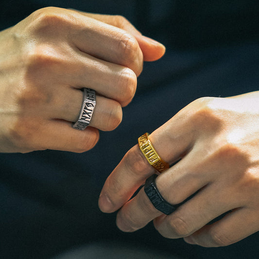 Anel Masculino com Runas Hexagonais e Viking Nórdico
