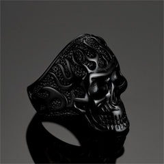 Anel masculino de aço inoxidável com caveira flamejante de fogo gótico
