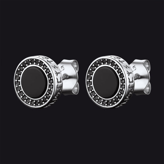 Brincos de pino Viking Rune de prata esterlina e ônix preta para homens