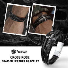 Pulseira de couro trançado com cruz de rosa negra cristã