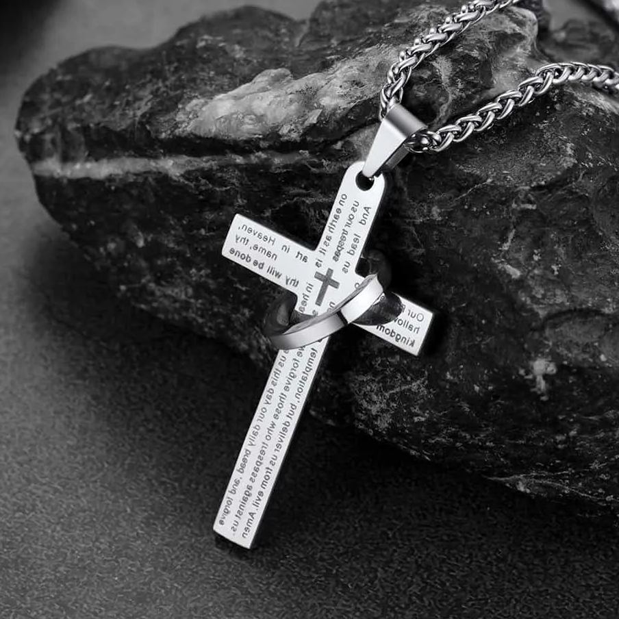 Colar com cruz e anel de oração do Senhor Halo para homens