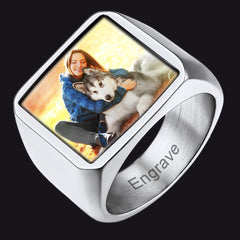 Anel de sinete com imagem quadrada personalizada para homens e mulheres