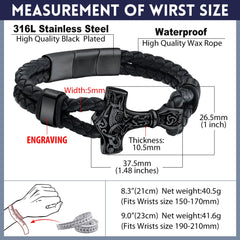 Pulseira de couro trançado Viking Thors Hammer Mjolnir para presente