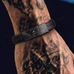 Schwarzes geflochtenes Lederarmband mit Totenkopfflügel