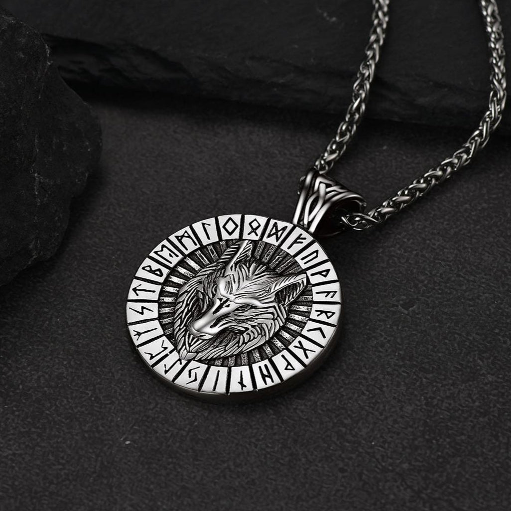 Wikinger-Wolfsmedaillen-Halskette mit Runenschmuck für Männer