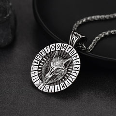 Wikinger-Wolfsmedaillen-Halskette mit Runenschmuck für Männer